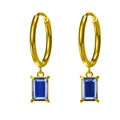 Detailed view of 18K gold plated hoop earrings with blue rectangular zircon drops - Royal Blue Zirconia