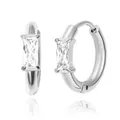 Detail of silver huggie earrings with baguette-cut zircon in a four-prong setting - Steel Color (White Zirconia)