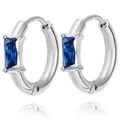 Macro view of silver hoop earrings with rectangular blue zircon in high polish - Steel (Blue Zirconia)