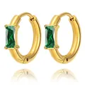 Detail of gold hoop earrings featuring rectangular emerald green zircon stones - Gold (Green Zirconia)