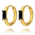 Detail of gold hoop earrings with emerald-cut black zircon stone and polished finish - Gold (Black Zirconia)