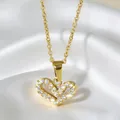 Elegant 18K gold plated hollow heart necklace with sparkling zircon pavé on white silk - Double Layer Hollow Style (N0118)