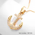 Golden ship anchor pendant necklace with micro-pave zircons on a classic cross chain - Gold Full Rhinestone (N0133G)