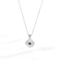 Close-up of silver titanium steel necklace with green gemstone flower pendant and diamonds - Diamond Silver
