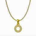 Macro detail of gold circle pendant with micro-paved white zircons on fine link chain - Round Style (N0042)