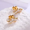Boucles d'oreilles couronne dorées avec cinq zircons marquise en éventail luxueux - Or Blanc Zircone
