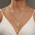 Three-layer gold necklace set featuring sleek snake chain and vertical bar pendants - Gold Triple Layer Geometric Bar Necklace