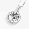 Silver luxury necklace featuring a round hollow lattice pendant with pavé set zircon - Grid Woven Style (N0431S) / Steel