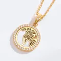 18K gold plated necklace with shell inlay and cubic zirconia pavé circle pendant - Wave Hollow Style (N0433G)