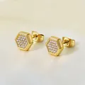 Minimalist hexagon stud earrings in gold with white cubic zirconia and butterfly back - Hexagon Gold