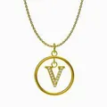 Elegante collar dorado con colgante circular e inicial V decorada con circonitas brillantes - Letra V / Dorado