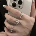Three-piece silver starburst zircon ring set for women in minimalist Y2K metal style - One Size / Silver Y2K Star Fluid 3-Piece Set (5952602)