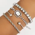 Close-up of four-piece silver bracelet set with rhinestones and twisted metal link chain - Silver Tennis Chain Bangle Rectangle Stone (5869302)