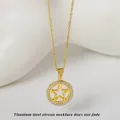 Golden titanium steel necklace featuring a zircon-studded round star pendant - Gold Pentagram (N0416G)