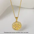 Titanium stalen ketting met goudkleurige holle cirkel zirkoon hanger voor dames - Goud Bloem (N0427G)