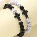 Bracelet pour couple avec perles noires mates, pierres marbrées blanches et croix - Style Couple Perles Croix Noir et Blanc (5989701HB)