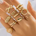 Set of 10 gold minimalist geometric and textured rings for multi-finger stacking - Gold Geometric Wave Irregular Style (6298401HB) / Gold