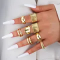 Polished gold geometric ring set with vertical stripe and multi-layer textured bands - Gold Wide Textured Geometric Style (6414001HB) / Set of 4 / Gold