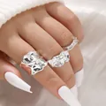 Irregular silver textured ring set with lava style finish on model's fingers - One Size / Silver Irregular Lava Wrinkle Set (6226002)