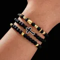 Three-piece men's beaded bracelet set featuring black matte beads and gold crown charms - Cross Beaded 3-Piece Set / Black