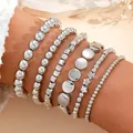 Juego de seis pulseras elásticas de cuentas plateadas con esferas metálicas y estrellas - Estilo de decoración de estrellas con cuentas geométricas / Juego de 6 piezas / Plateado