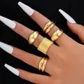 Five-piece gold droplet ring set with minimalist smooth and textured adjustable bands - Geometric Wide Smooth Surface Ring Set (5 Pieces) (6324701HB) / Gold