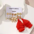Set di 6 paia di orecchini dorati con nappe rosse, perle e disegni floreali a foglia - Stile Foglia Nappina Rossa (5119906)