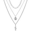 Three-layer silver layered necklace with oval links, coin pendant, and snake charm - Silver Snake Coin Three-Layer Layered Necklace