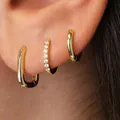 Three-piece gold geometric earring set with clear zircon studs on female ear model - 6153301HB/Gold Zirconia Earring Combination