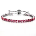 Adjustable silver bracelet featuring rows of sparkling red cubic zirconia on white background - Silver - Rose Red