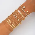 14-piece gold chain bracelet set for women featuring infinity charms and crystal accents - Gold