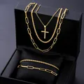 Schickes 5-teiliges Goldschmuckset mit Kreuzanhänger und mehrlagigen Gliederketten - Gold