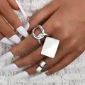 Silver finish interlocking ring set with rectangular plate and adjustable band - Silver Interlocking Rectangular Plaque Style (6508502HB) / Two-Piece Set