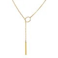 Detail of a gold lariat necklace featuring a circular ring and vertical bar pendant - Ring and Bar Style (NJ580)