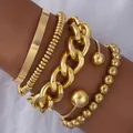 Chunky gold chain and bead bracelet set of 5 with cuff bangles for women - Chunky Chain Round Beads 5-Piece Set / Gold