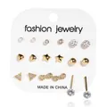 Set de 9 pares de pendientes dorados con perlas, circonitas y broches geométricos en tarjeta - Estilo perla artificial y strass dorado (EJ59551) / Aleación