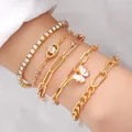 5-piece gold bracelet set for women featuring butterfly charms and crystal tennis chains - 5-Piece Set - Butterfly Rhinestone (5621501) / Gold