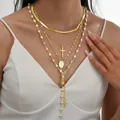 Layered gold cross necklace set with pearl accents and Y-shaped medallion chain - Multi-layer Cross and Virgin Mary Necklace Set (6543501HB) / Gold