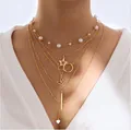 Gold-layered necklace set featuring white pearls, hollow star, and diamond butterfly pendant - Gold Five Layer Star Butterfly Heart Pearl