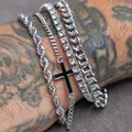 Silver stainless steel multi-layered bracelet set with cross pendant and cuban links - Cross Zircon 4-Piece Set / Silver