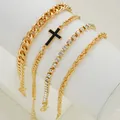 Gold-plated stainless steel layered bracelet set with cross pendant and zircon inlay - Cross Zircon 4-Piece Set / Gold