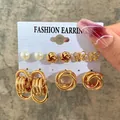 6-piece gold alloy earring set featuring white pearls, butterfly designs, and hoop styles - Simple Butterfly Pearl Multi-Ring Gold Earring Set (5343301)