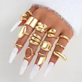 14-piece gold ring set featuring irregular lava textures and polished wave designs on hand - Irregular Lava Texture Style (6240401HB) / Gold