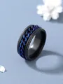 Anello punk minimalista in acciaio nero con design a catena blu intarsiata - Nero