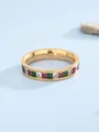 Dettaglio di zirconi arcobaleno quadrati incastonati in una fascia larga in oro inox - Oro / US 6