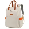 Fashionable beige laptop backpack for women with brown handles and orange side straps - Large / Off White
