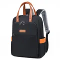Large black laptop backpack for women with brown leather handle and orange side accents - Large / Black