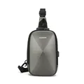 Men's grey anti-theft sling bag with carbon fiber texture and USB charging port - Gray