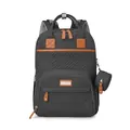 Portable folding baby bed diaper backpack in black fabric with premium brown leather trim - Dark Gray