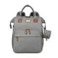 Versatile grey mommy backpack with brown leather accents and matching round pouch - Light Gray
